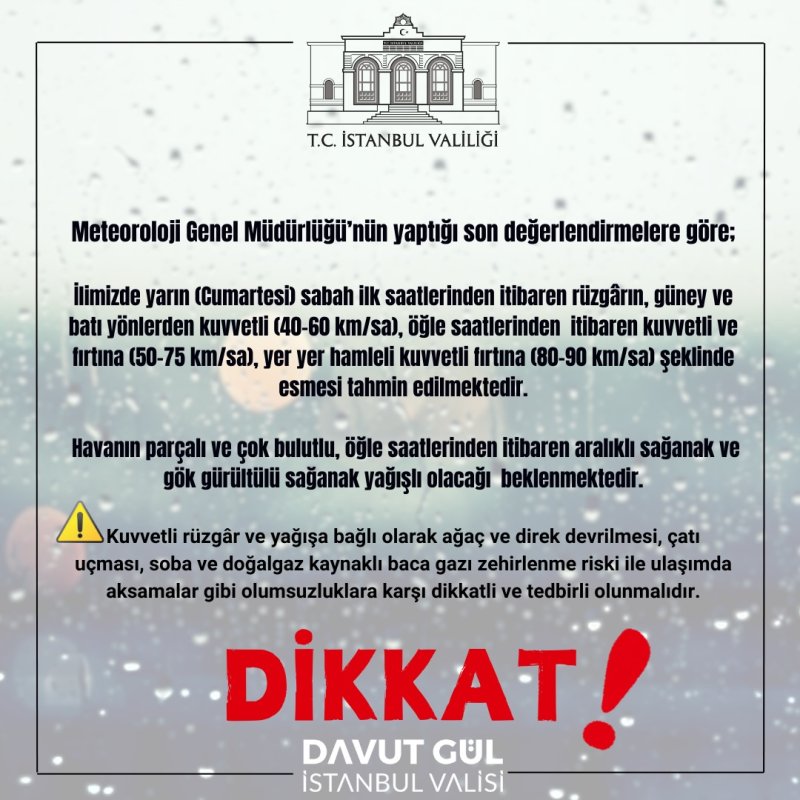 İstanbul Valiliği’nden Genel Uyarı: Kuvvetli Yağış ve Fırtınaya Dikkat!